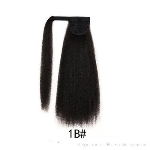 Aodal Long Ponytail Hair Extension Kinky Straight Yaki Synthetic Hairpiece Wrap In Clip Hair Extensions Pony Tail Natural Color